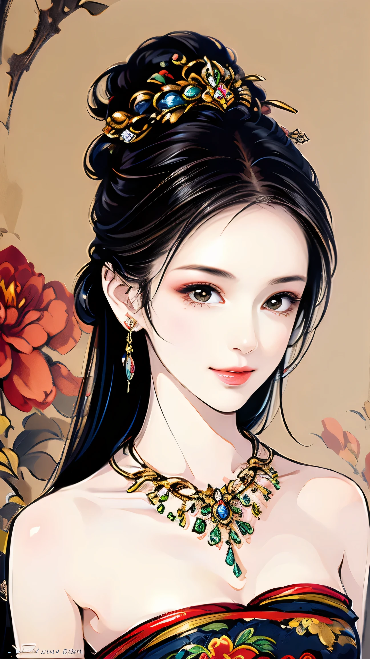 👧💋💋💖😊 Free painting style full of harmony, perfect face, Smile Yan, perfect style, Well-shaped medium chest, earrings, necklace, Old-fashioned beauty painting symbolizing China, perfect art, Perfect drawing composition, Open the top slightly, placed in the center of the image area, The background is an abstract painting with colorful camellia flowers, best quality, high resolution, High Definition, masterpiece, artistic illustration art,
