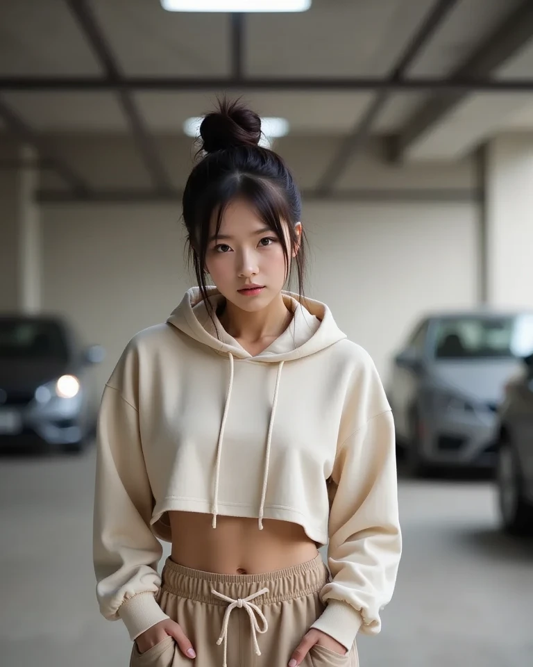 Best quality, masterpiece, ultra high res, raw photo, beautiful and aesthetic,deep shadow, dark theme,(photorealistic:1.4),
1girl, pantyhose, white pleated skirt, hoodie, slim body, fit,
Graceful poise, evocative atmosphere, magnetic presence, refined seduction, captivating mystique, 
Intricate zentangle patterns, a single female figure, astonishing level of detail, generously endowed, portrait composition, striking perspective, a chaotic masterpiece, gracefully poised, inspired by brutalist architecture, vibrant color palette, undertones,