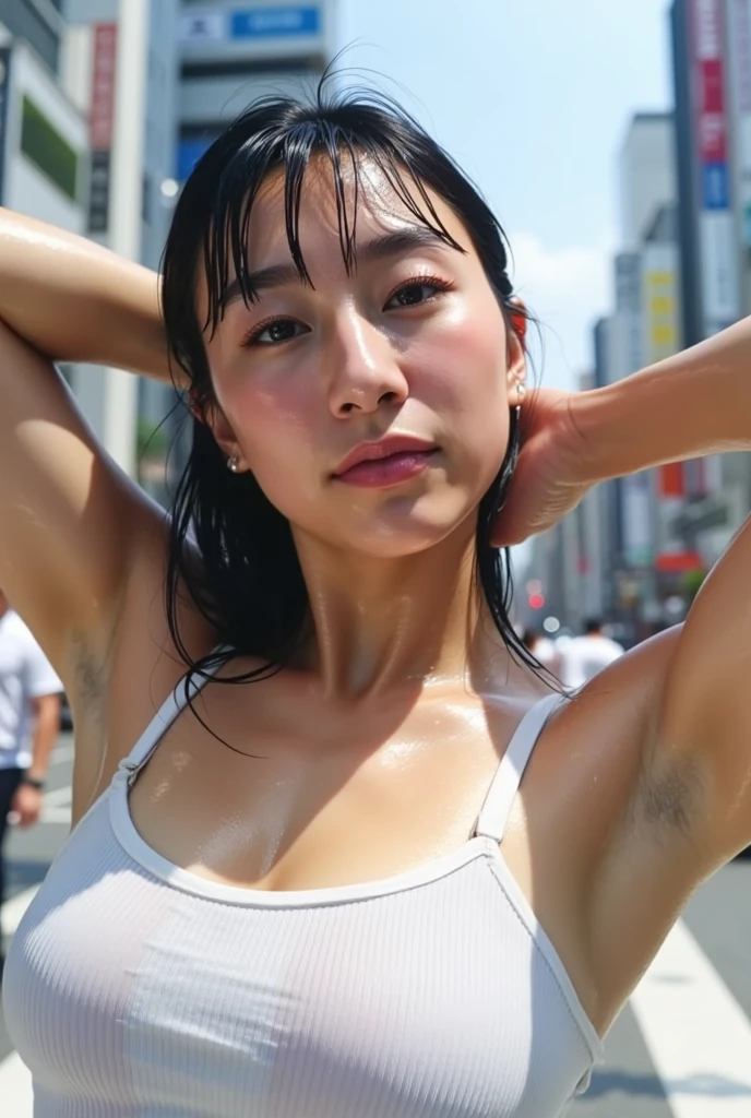(best quality:1.2), masterpiece, Realistic, Ultra-high resolution, ((a beautiful Japanese idol 12 years old woman:1.2)), (Gaunt:1.3), (((Very flat chest:1.4))), ((Baby Face)), (((Show me your sweaty armpits:1.2))), ((Upper Body:1.4)), (arms up), (focus on her armpit:1.3), ((Armpits are wet and shiny with sweat)), She has skin that sweats easily Soaking wet, (athletics stadium, track and field athlete:1.2), (topless)