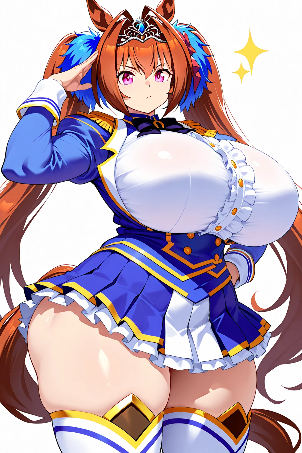masterpiece, best quality, highres, 1girl,solo, daiwa scarlet (umamusume), horse ears, long hair, twintails, tiara, horse tail, very long hair, brown hair, epaulettes, long sleeves, gigantic huge breasts, Whipped thighs,Trasen , white thighhig, White skirt, sailor shirt, Puffy Short Sleeves,Sailor collar, Purple shirt, a miniskirt,bangs,fang, red eyes, hair,between eyes, hair bow, smile,standing,very near,lascivious,Females in heat,lecherous look,