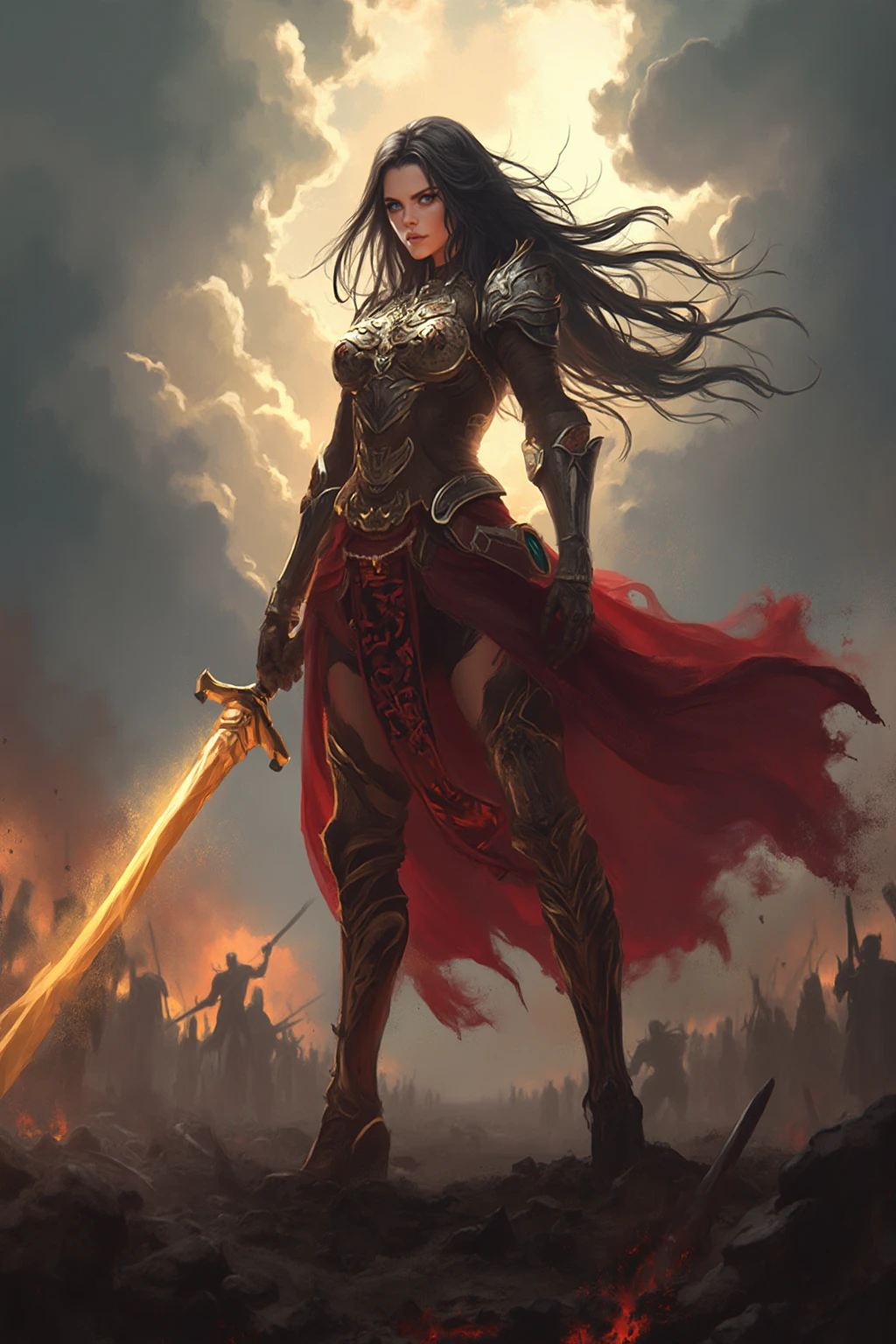 ((best quality)), ((masterpiece)), (detailed), A digital illustration of a queen warrior surrounded by dead monsters, holding a sword and wearing traditional warrior outfit. She has long black hair and is on her knees, looking furious and injured. The background is dark and stormy.