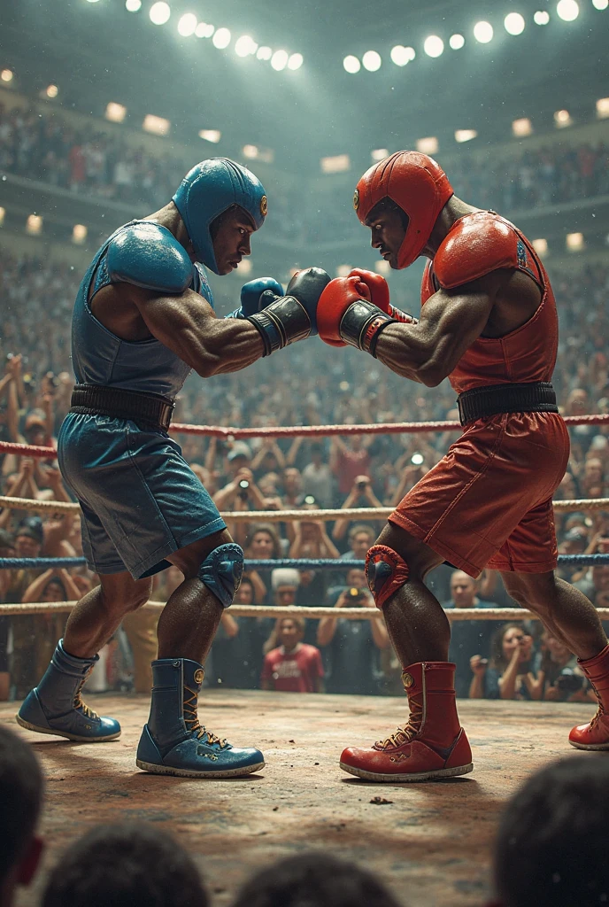 Balrog, muscular, red gloves, blue sleeveless shirt, blue shorts,black boots,
fighting, outside,military base, blue sky, sweat, blood, looking angry, punching guile in the face
extremely detailed, HDR, <lora:SFBalrogv2-stasis:.8>