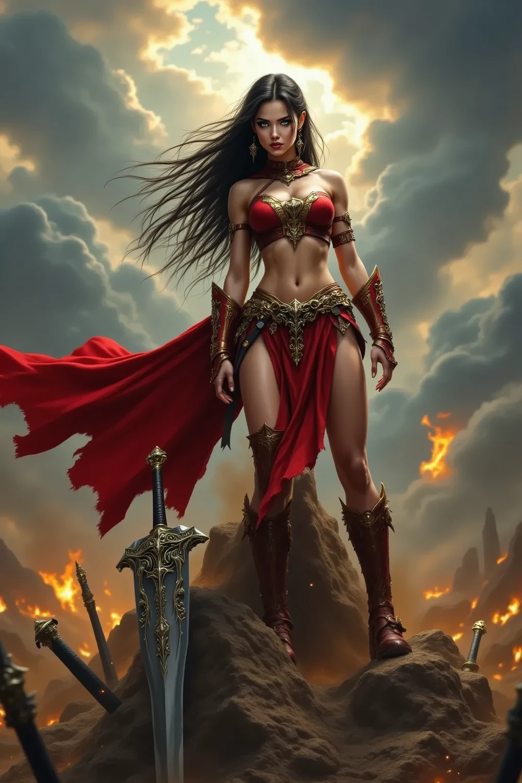 tmasterpiece，超高分辨率，A woman with a long sword in her hand, Swing your sword vigorously on the rock，The sword body glows and bursts into flames，Fully armed，A female warrior in combat，Battle robes fluttering，The body is surrounded by flames，Full body like，Ancient Greek idols style，deusa Atena，Goddess of battle，Goddess of beauty，Perfect body structure。The background is sky and clouds, flames of fire，Thomas Blackhill,Greek goddess Athena, j c leyendecker 8 k,portrait of celtic goddess diana, venus godness athena, --auto