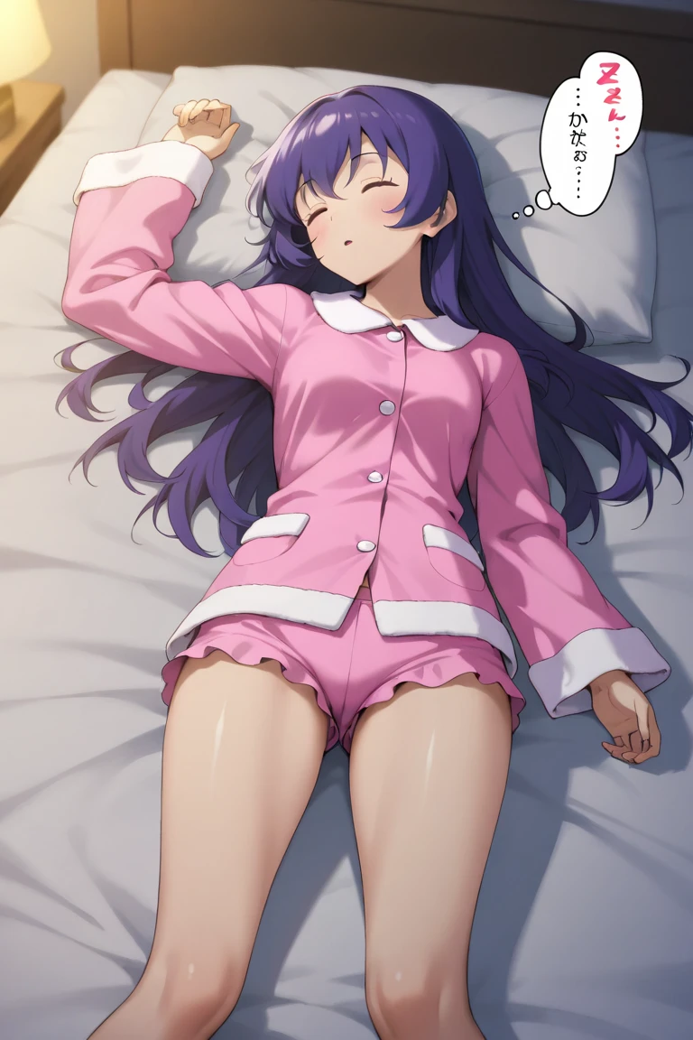 1 girl,masterpiece,best quality,official art,extremely detailed CG unity 8k wallpaper, incredibly_absurdres, wallpaper, bare_legs, bare legs, no legwear, Family pajamas,oyamamihari,on bed