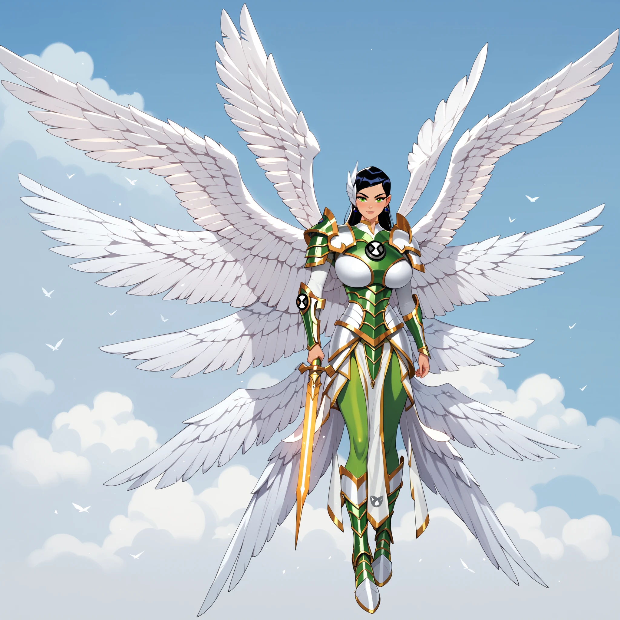 1girl,long hair, black hair, armor, huge breasts,12wings, wings, angel,colores armor, green armor, green pants, ben10, perfect eyes, perfect breasts, perfect face, perfect armor, ultra detailed wings, ultra detailed eyes, ultra detailed armor,
