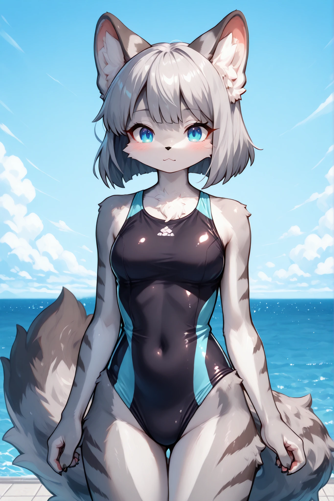 furry,agata_style,Kemono,A single fluffy female anthropomorphic cat character in kemono style, rendered in 8K quality. She has short gray bob-cut hair and gray fur with subtle tiger-like stripes. Her bright sky-blue eyes shine with clarity. She is wearing a tight, long tail gray,sporty high-cut one-piece swimsuit featuring a single vertical stripe in two tones, including black, delicately integrated into the design. She has a cute and luxurious appearance, with a well-balanced, medium-sized bust. Her features include long black eyelashes and a small black nose, contributing to her refined and elegant aesthetic. furry, sea