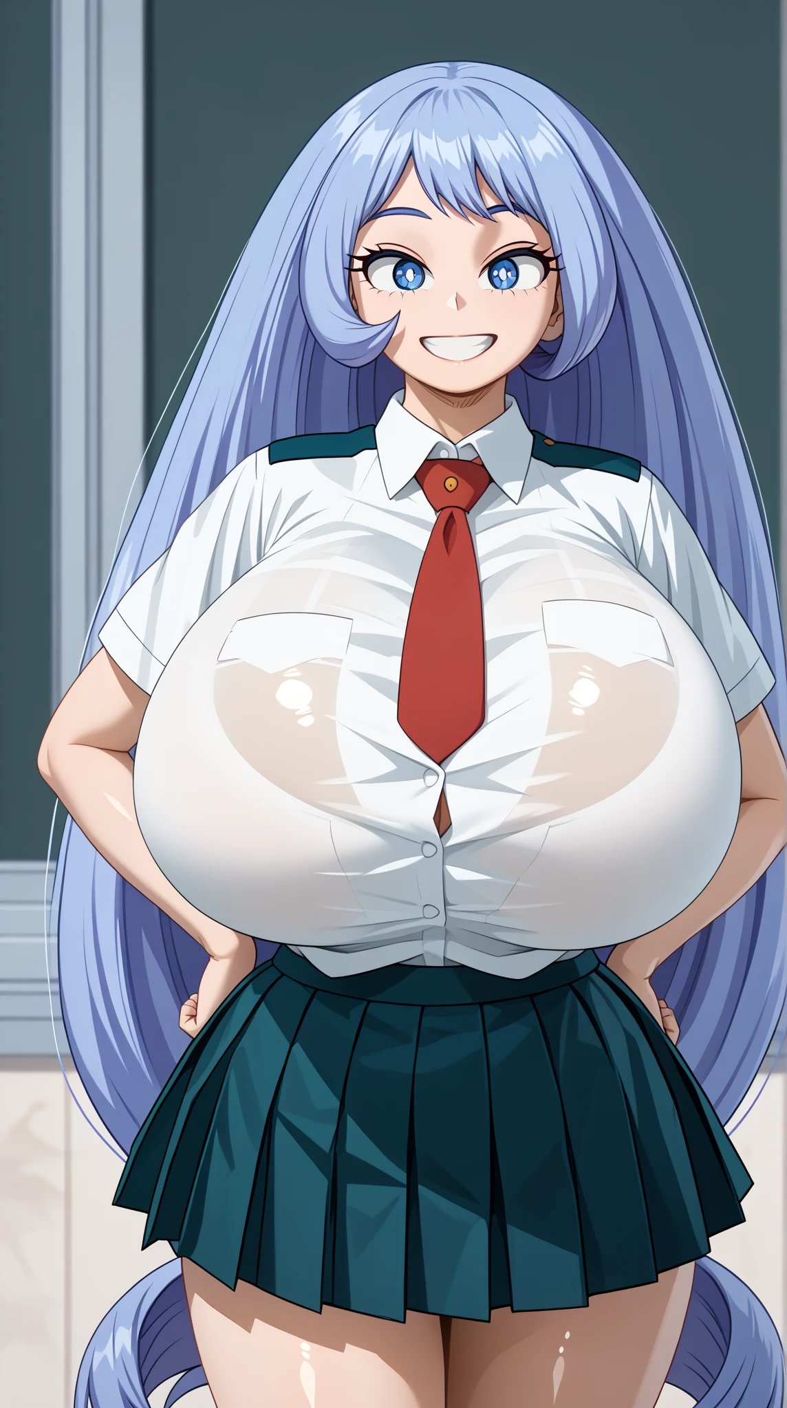 sspll, 1boy, 1girl, masterpiece, best quality, looking up, large breasts, mint green hair, twin_braids, pleated skirt, white shirt, flower necktie, testicles <lora:sspll5:0.6>