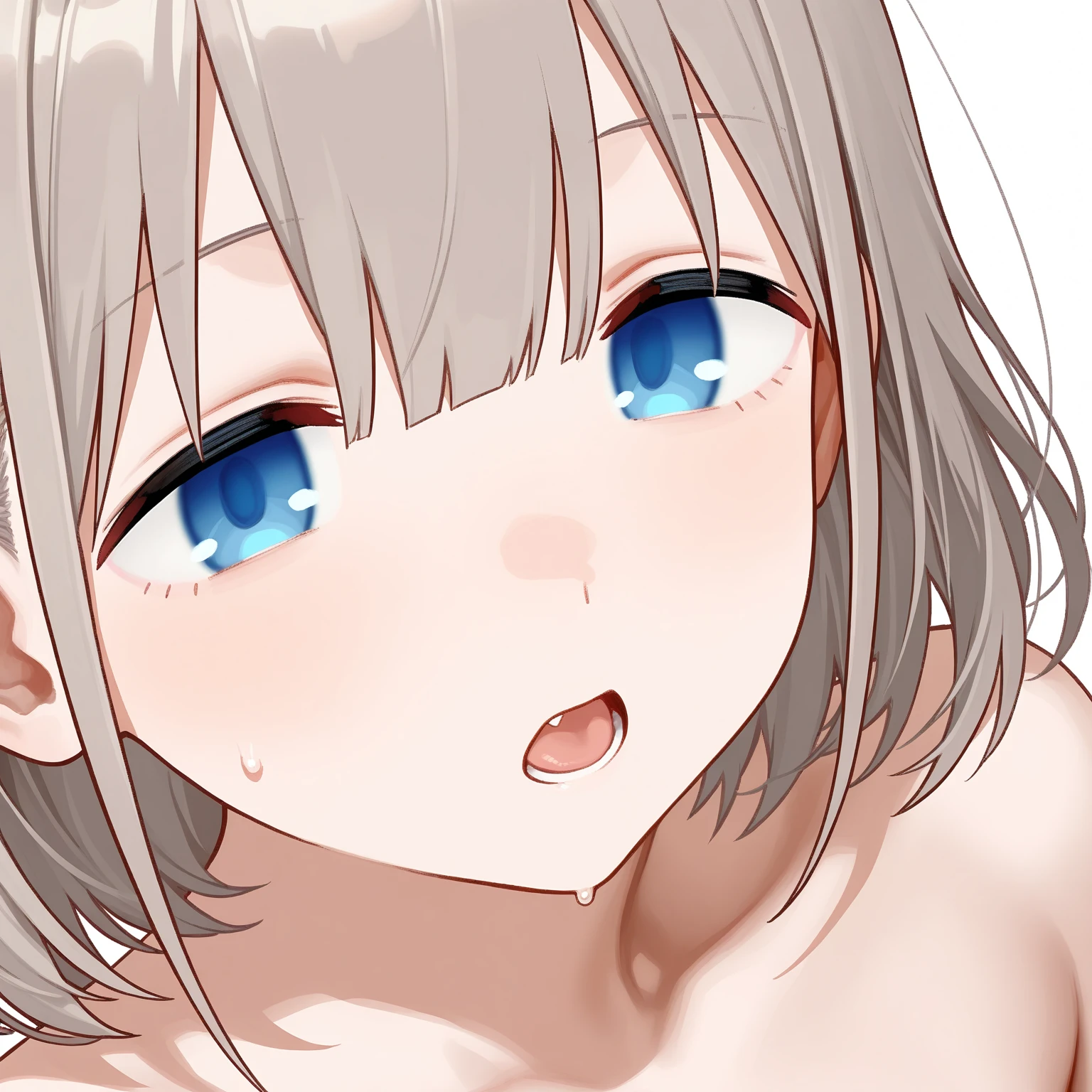 masterpiece, best quality, 1girl, uzaki hana, grey hair, short hair, hair between eyes, bangs, blue eyes, skin fang, bl, (bracelet:0.7), , large breasts, naked , open mouth , smile
, solo, upper body, reaching out, looking at viewer, pink, black bathroom , massive breasts , cum on breasts , breasts on table , massive breasts , selfie , white bed sheets , nipples , pink nipples , hair over eyes , red blushing , sticky cum on breasts , lots of cum , white cum on breasts , sweaty , wet , huge breasts