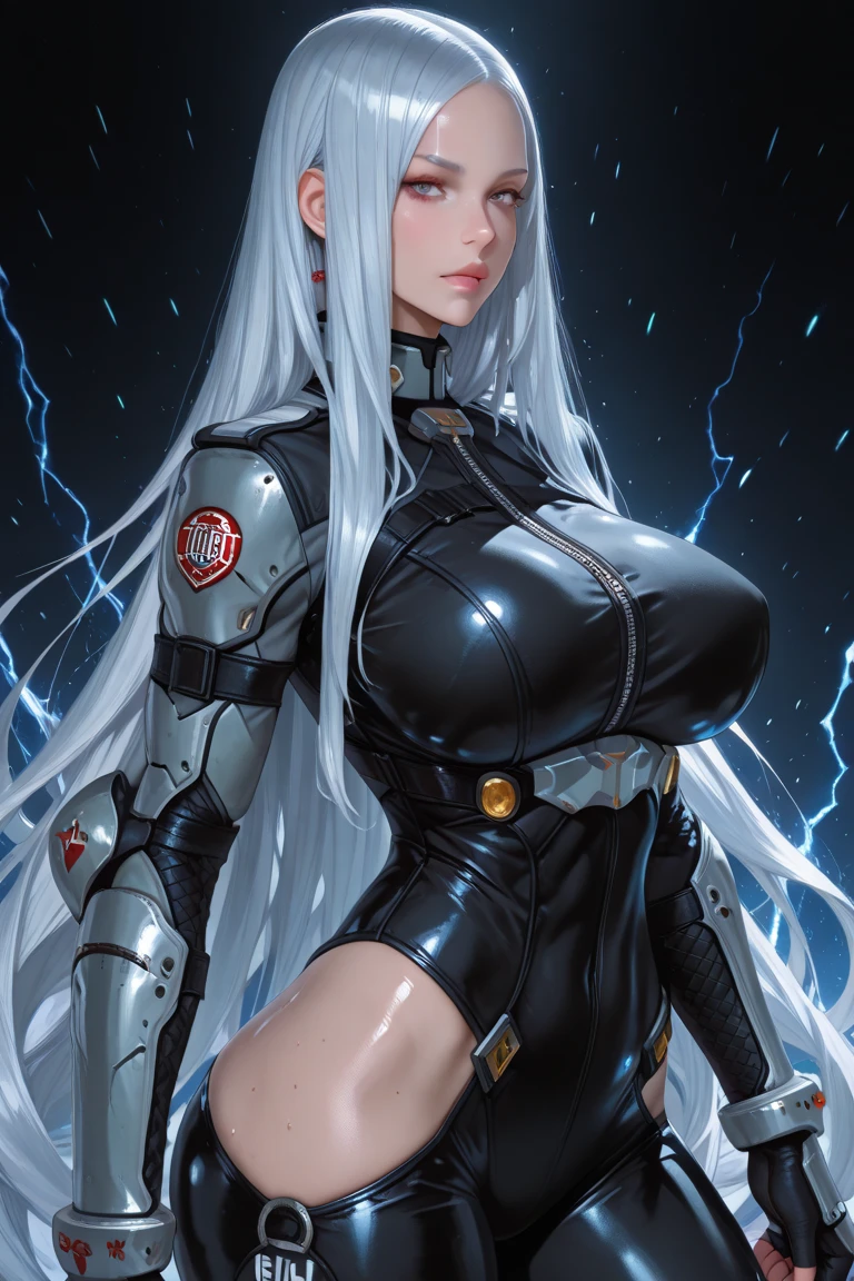 (((full-body longshot))), Prefers comfortable yet stylish clothing, often seen in ((fitted tops and skirts)), that complement her figure. She enjoys wearing shades that reflect the volcanic landscape, such as ((charcoal gray and ash white)). ((Eyes: Misty gray with electric blue flecks)), ((Hair: Long, raven black with natural silver highlights)).