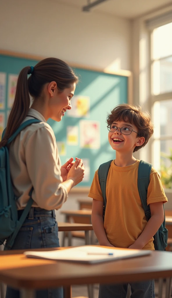 An image of a mother and her son, the mother worried because he lost his sweater, 
and the boy holding an idea balloon, remembering where in the school he left his jacket., Let the child have the idea balloon, that the child has a uniform of green pants white shirt , green vest and the globe sweater is green with buttons and v-neck


