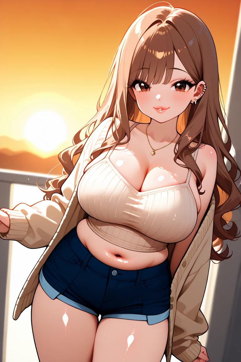 A Beautiful Cute Young Girl, with ((Lush, Long Dark-Brown Hair)), (Big Beautiful Blue Eyes), (Extremely Large, Absurdly Excessively Gigantic Breasts: 1.5), (Absurdly Huge Thighs: 1.3), (Super Wide Hips: 1.3), (Incredibly Enormous Butt: 1.2), ((she is 5.4 feet tall)), (Muscular: 0.75), (Extremely Thick: 1.2), Wearing a Red Shirt, and (Heavily-Worn, Dark-Blue Jeans), Big Cleavage, Standing on a Balcony, with a Beautiful Ocean view in the background,