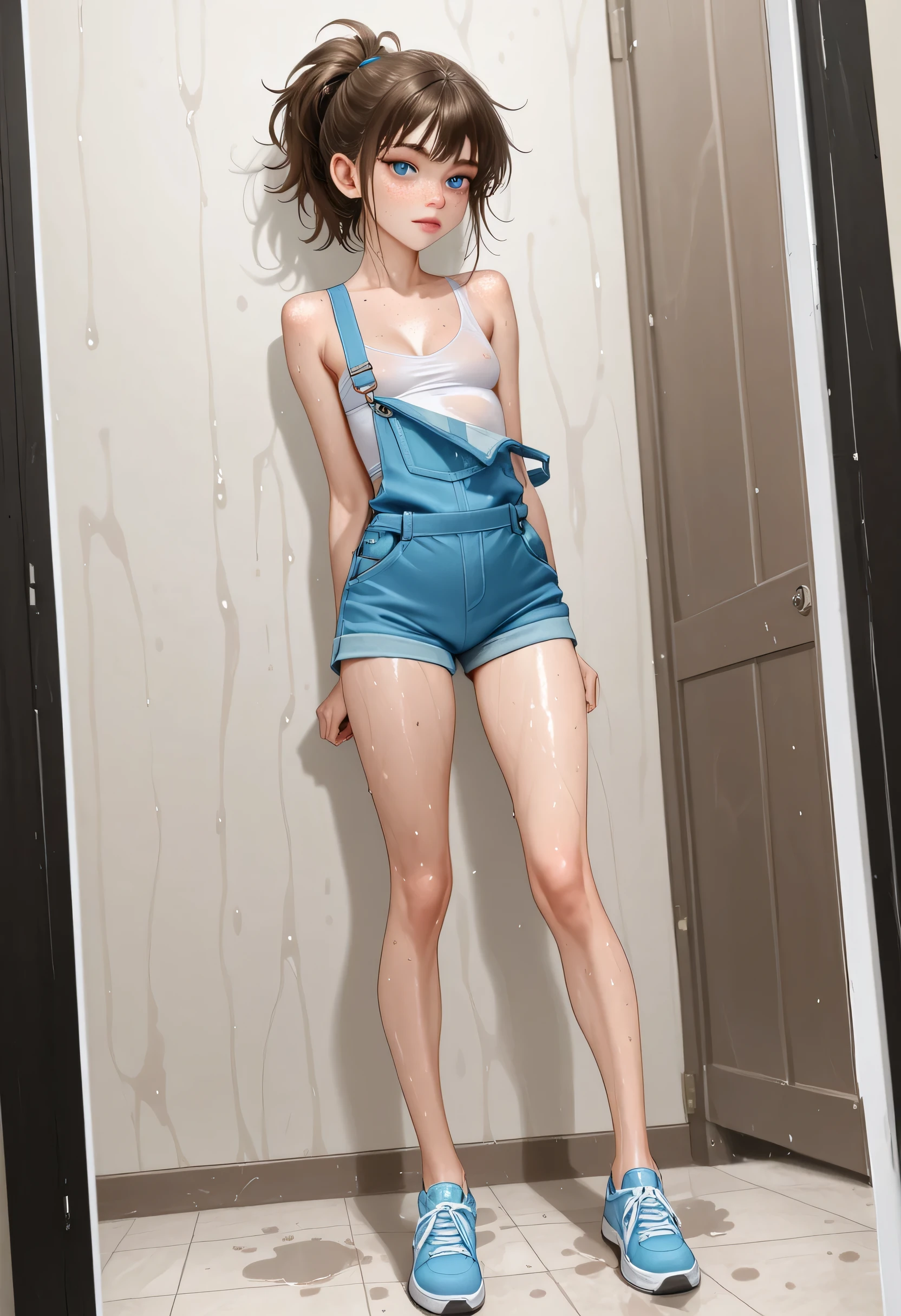 1 girl, teen, 18 years old, youthful, skinny, tall, brunette, messy ponytail, vivid blue eyes, small breasts, small waist, small ass, with freckles, with dental braces, young looking, cute face, hot body, most beautiful girl ever, full body wide picture, looking deeply at the viewer with a look of innocence yet seductive expression, photo taken in jail, dressed with small shorts revealing most of her legs and almost a bit of her lower ass cheeks, dressed with a small white tank top revealing almost all her belly, with a cleavage highlighting the small but attractive breasts, overall clothing highlights even further her attractiveness., wet,