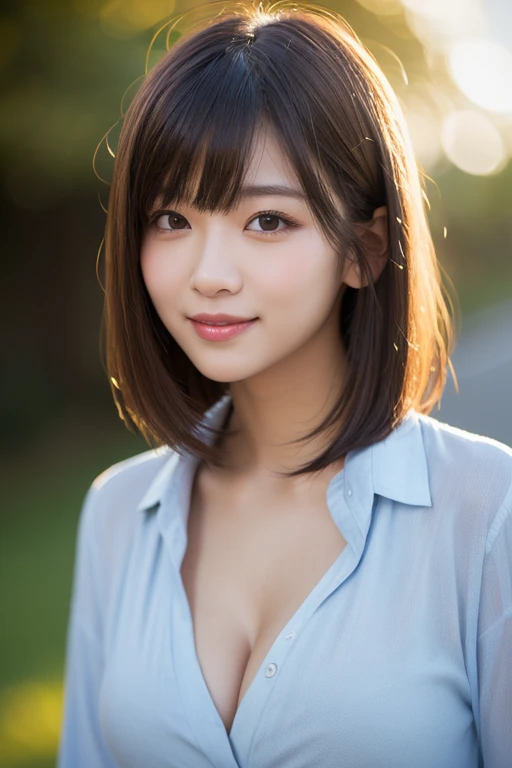 highest quality, figure, super detailed, finely, High resolution, 8k wallpaper, 完璧なダイナミックな構figure, beautiful skin, (Big eyes that shine like jewels), 20 year old beautiful girl, natural color lip, (sexy pose), Chest middle, smile, Highly detailed face and skin texture, Detailed eyes, Double eyelid,leaking teeth and laughing, close-up, brown bob hair, (denim cut shirt:1.2), sunset
