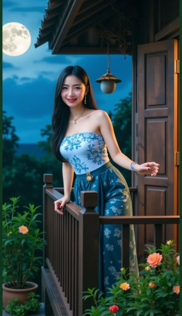 professional photography. Realistically, a beautiful Indonesian girl with big breasts sits stunned on the top terrace of a traditional wooden house, looking at the camera, teary-eyed while smiling expensively, wearing simple and polite clothes, with bun style hair, a night sky landscape background with a bright moon shining . 4K, very detailed,incredibly absurdres, ultra detailed, high resolution, realistic lighting, photorealism, hyperrealism,masterpiece,vibrant colors,stunning visuals,ultra skin texsture,stable diffusion,perfect anatomy,crazy details