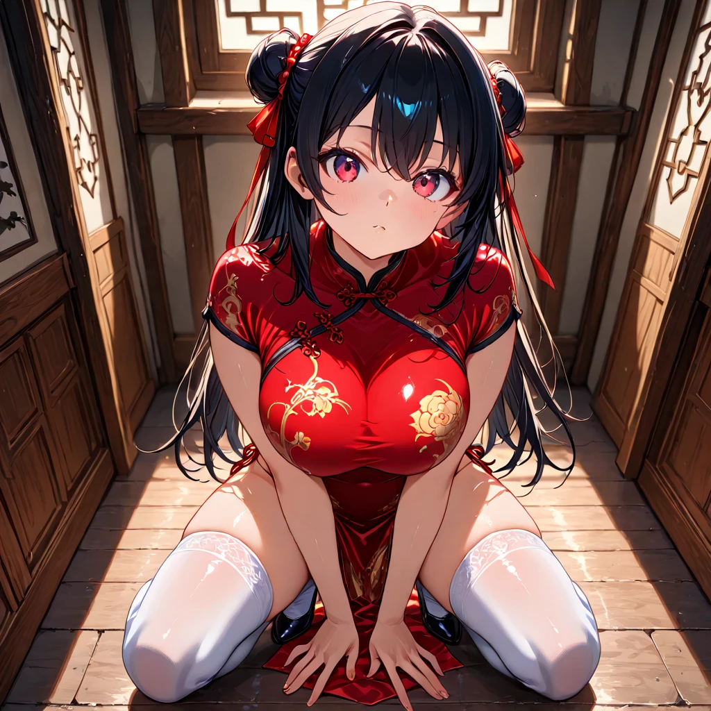 A tragic historical drama in 8k live-action style: Beautiful palace secrets Beautiful Chinese 10-year-old Kung Fu girl princess with long black hair defecating Gorgeous embroidery, Ultra glossy, She is wearing a shiny red top and bottom long sleeve floral pajama kung fu suit.... She blushed、Covered with a floral blanket、Pierced She spreads her legs wide open to have a test tube inserted
