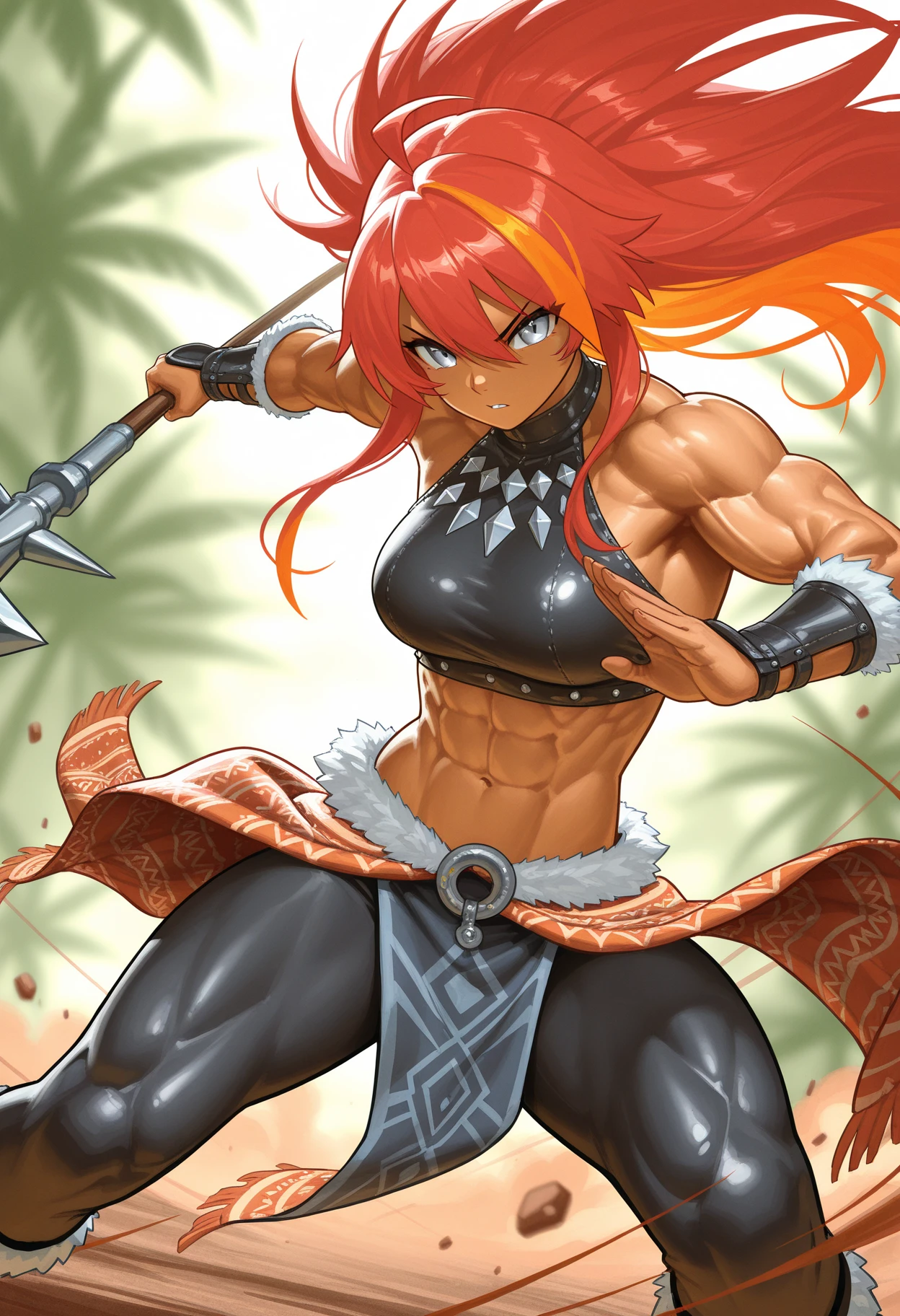 masterpiece, best quality, A female cartoon character, messy hair, spiky red hair, tomboy, [muscular], dark skin, weapon towards viewer, smirk, official art, yu-gi-oh!, solo