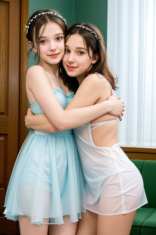 2 beautiful little russian girls, long blonde hair, blue eyes, 11 years old, tiny short dress, nice legs, white string panties, white string panties, pink choker ribbon, nice bottom, sitting on a sofa at the mall, buying shoes