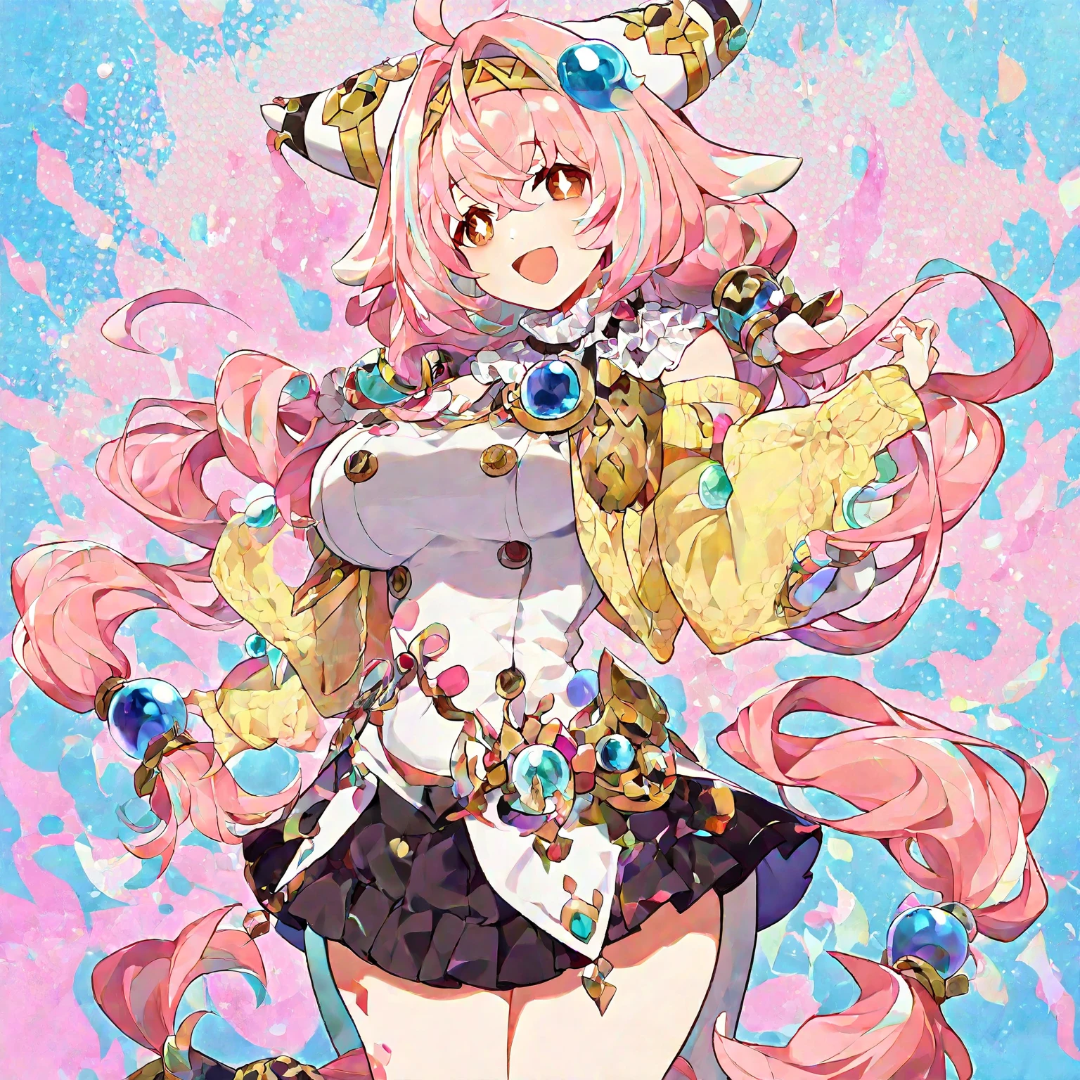 A smug narcissistic pink haired genie woman wearing a pink bra and white puffy harem pants and lots of jewelry flaunting herself