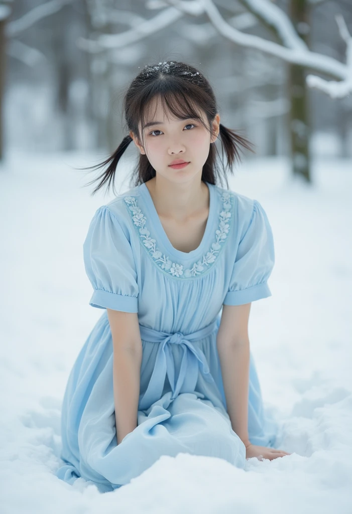 A cute 18 year old maid wearing a light blue miniskirt、The background is snow outdoors