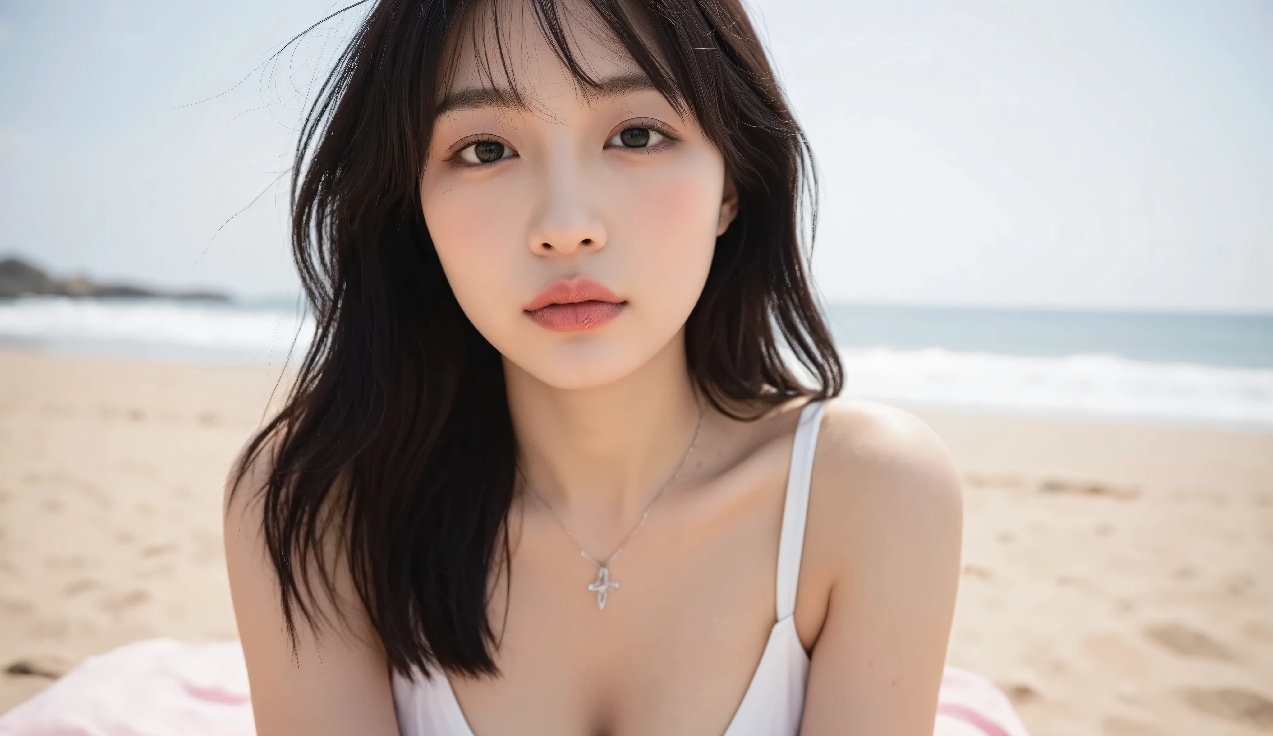 a hyper-realistic full-body photo of a stunningly beautiful Korean female idol with a perfectly symmetrical face, soft flawless skin texture with visible light pores and a natural glow, deep expressive large eyes with bright catchlights, natural glossy pink lips, long silky black hair slightly tousled, subtle elegant features, wearing minimal natural-toned makeup, a silver cross necklace, subtle cleavage visible. She is wearing a delicate white bikini, sitting gracefully on a beach mat spread out on the sand by the seaside. The photo is a perfectly centered full-body shot with her entire figure visible in the frame, highlighting her slim yet curvy and elegant body proportions. The ocean waves and a bright clear sky form the natural background. Captured in soft diffused natural light, slight head tilt, serene and candid expression. Warm and intimate color tones, shallow depth of field, hyper-realistic 8K cinematic portrait style. The overall mood is emotionally elegant, dreamy, and magazine-quality, with her face appearing extremely beautiful and charming.