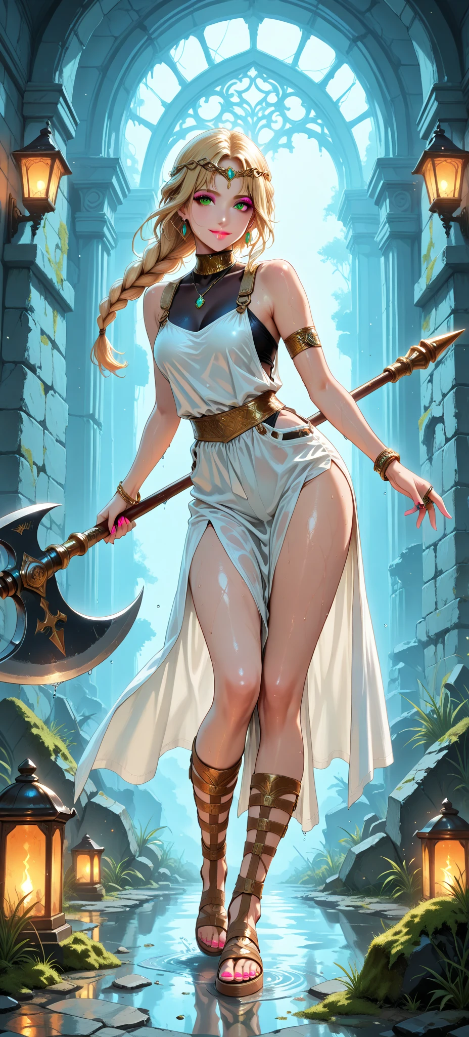 White-haired female Battlemage with hourglass figure and magic staff in bikini, floating magic tome