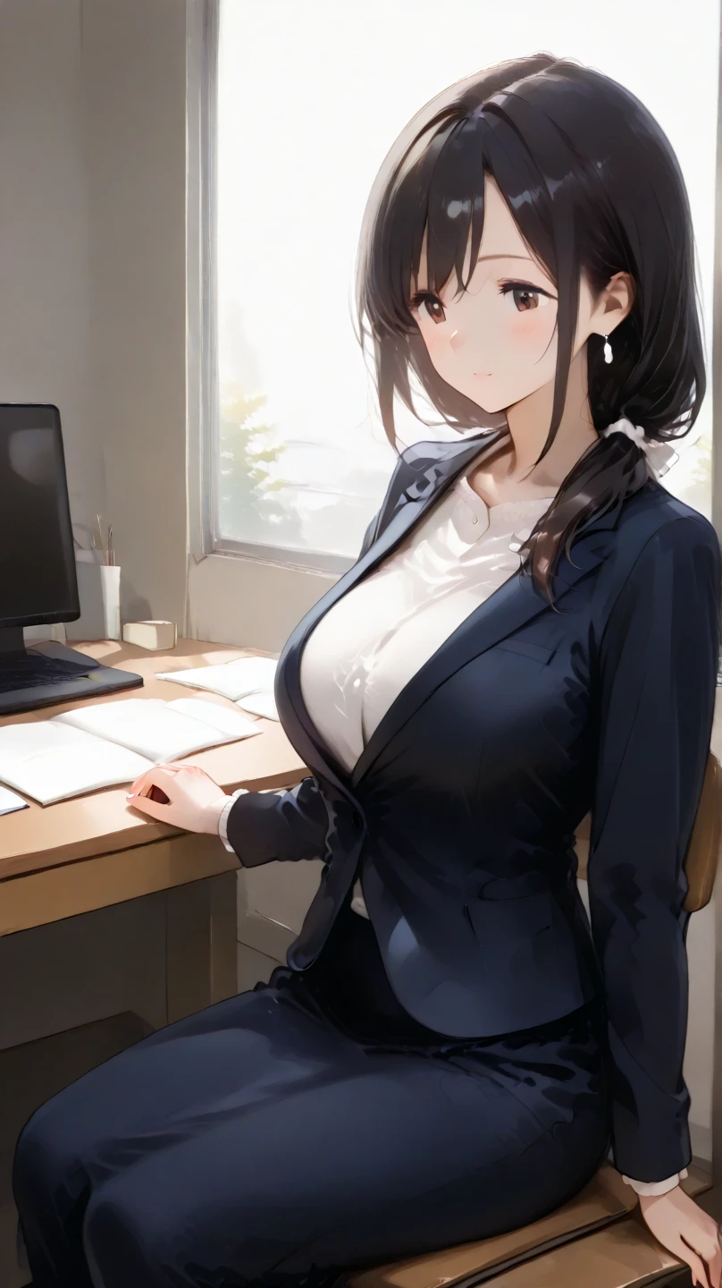 japanese, solo, large breasts, brown hair, bangs, embarrassed, (natural make:1.2), dynamic angle, high res, (photo realistic:1.2), (highly detailed:1.1), desk, Tight skirt business suit, office chair, (computer), detail brassiere, delicate background, bokeh, professional lighting, physically-based rendering, (cowboy shot), cleavage,