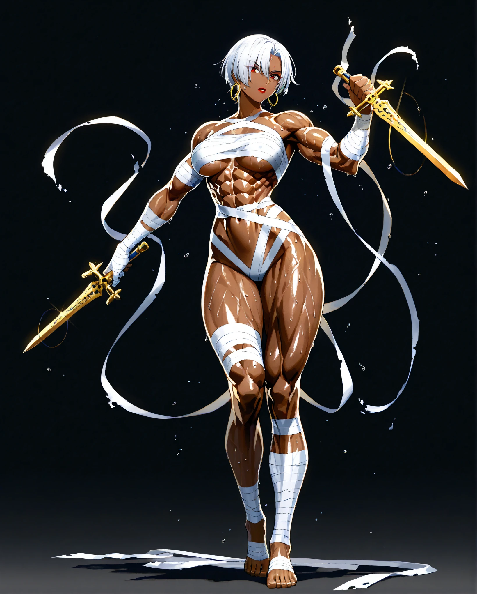 Full body toe to head 1solofemale drow elf purple grey dark skin standing pose yellow bikini, 2legs, 2arms, muscle abs toned, slender body, long silver white hair, purple eyes, hands on hips red gloves gauntles, red military boots ((plain background))