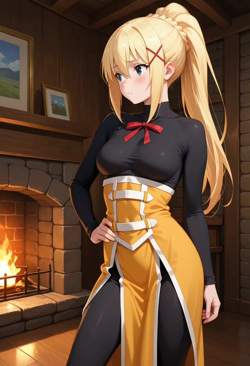 cute girl, ultra-detailed body, , ((giant fireplace)), (big fire), (fire effect), (fire ball), (magical fire),Camisole