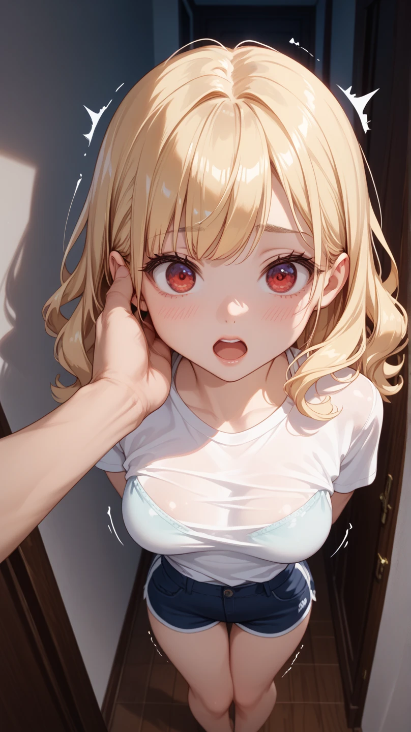 anime girl, blonde hair and grey eyes, kneeling down under me, looks up at me and sticking out tongue, and she squints upwards and got white cum in her face