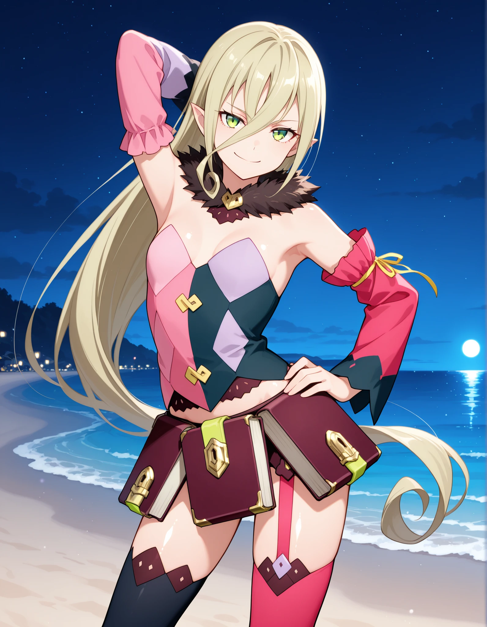 M4gil0u, green eyes, pointy ears, blonde hair, very long hair, hair between eyes, fur collar, multicolored vest, strapless, detached sleeves, mismatched sleeves, book skirt, asymmetrical legwear, thighhighs, garter straps, anime screenshot, shiny skin, high quality, solo, night sky, beach, hand behind head, hand on hip, ((contrapposto)), closed mouth, cowboy shot, looking at viewer, smile, best quality