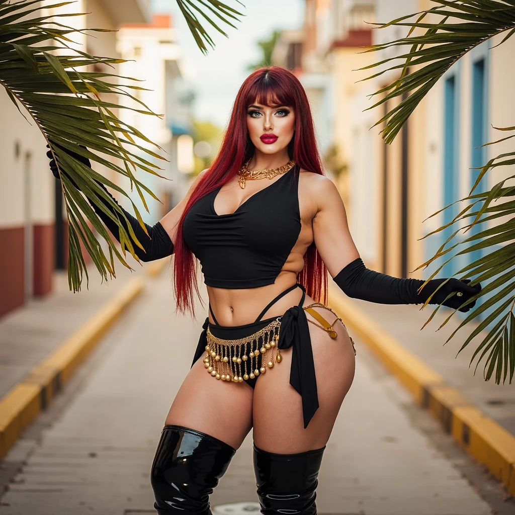 full body sexy redhead latin woman, long hair, red hair, semi-closed eyes, makeup, embarrassed, excited, social realism, reflective light, vanishing point, full body, bokeh, UHD, textured skin, best quality --auto --s2
