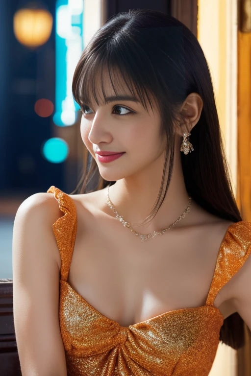 masterpiece, Highest quality, Realistic, Very detailed, Finer details, High resolution, 8k wallpaper, One beautiful woman, Wearing a lovely gold and black see-through bunny girl costume, In a great hotel bathroom, At night, Light brown messy hair, Perfect dynamic composition, Beautiful and beautiful eyes、Big earrings、Turning around and smiling、Sticking out her butt、Angle from below