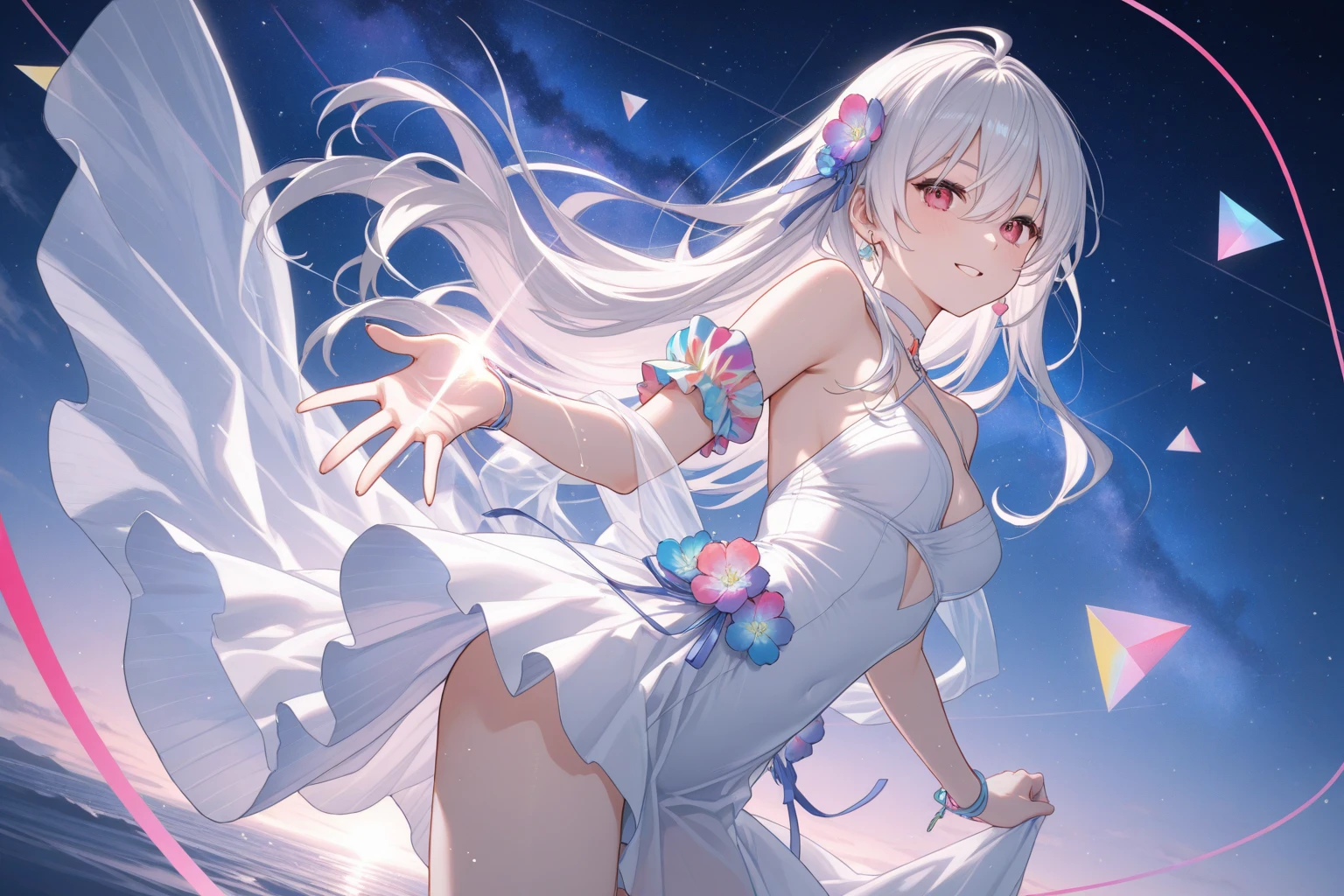 (A medium shot) of an anime teen girl, (standing on grass), cinematic light, slim body, skin is perfectly white, soft, and smooth, Extremely delicate and beautiful CG illustration, best quality, high resolution, dynamic angle, full-length lens, (1 girl), floating, soft light, high-key lighting), glowing light, purple halo, (((wearing nothing but a white (pure) (transparent) tank top))), (small hands), (cinematic sunlight), (barefoot)