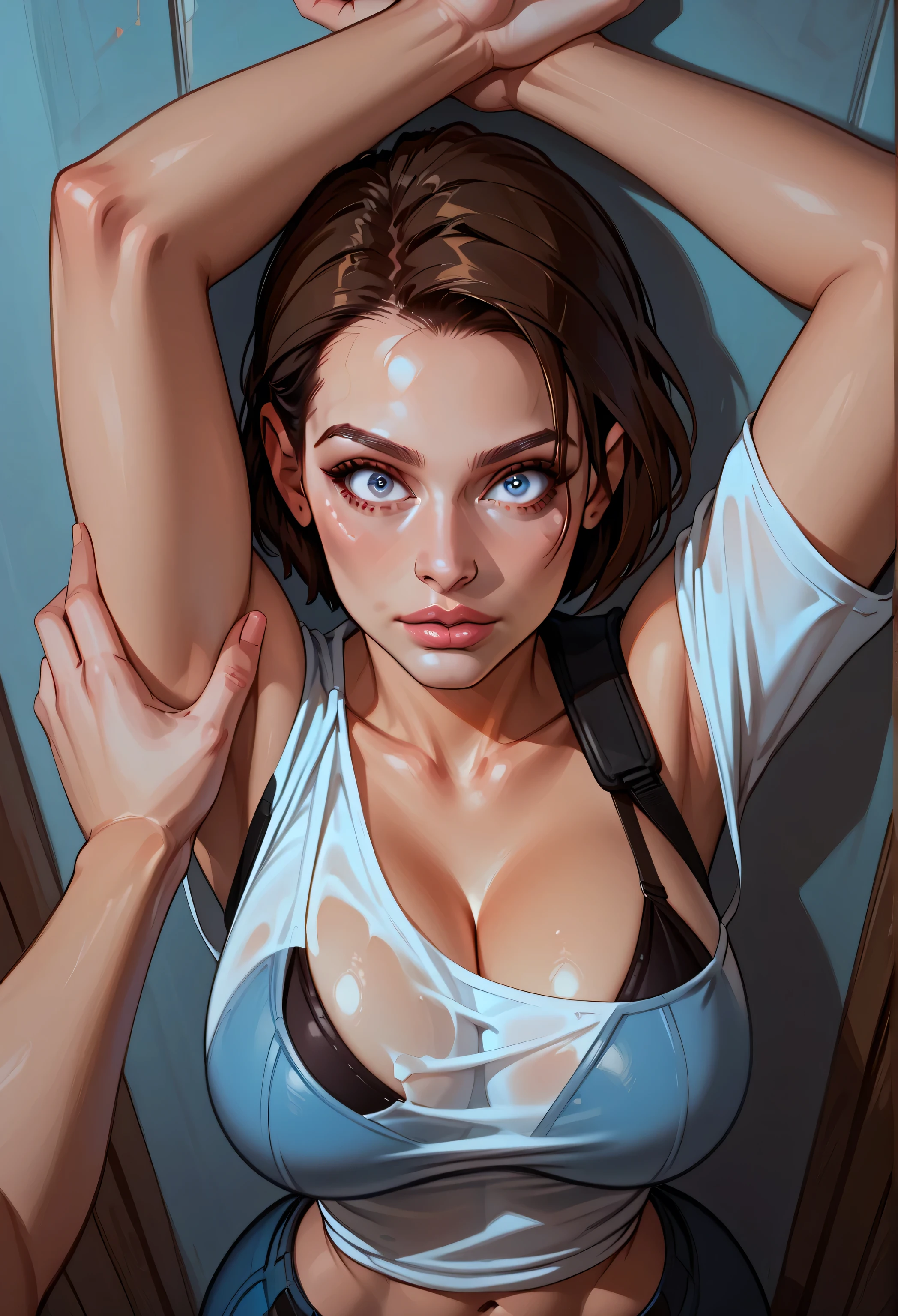 ((1 girl)), (Alexandra Daddario), ripped clothes, fell to the floor, a wet white T-shirt, exposed more than half of her breasts, She tried to cover her breasts with one hand, made her breasts more attractive, Her lower body was wearing torn panties, her other hand seemed to be covering her naked lower body, a blush on her face, her whole body was soaked in sweat, her whole posture was extremely attractive, seductive pose, ((the most beautiful woman in the world)), perfect body, perfect nose, ((well-groomed teeth)), high definition, best quality, ultra-detailed, extremely delicate, high details, ((anatomically correct)), symmetrical face, extremely detailed eyes and face, high quality eyes, UHD, 8k, RAW photo, (Natural light), (professional lighting:1.5), photorealistic, realistic, ((beautiful woman)), goddess, femminine, attractive, ((masterpiece:1.5))
