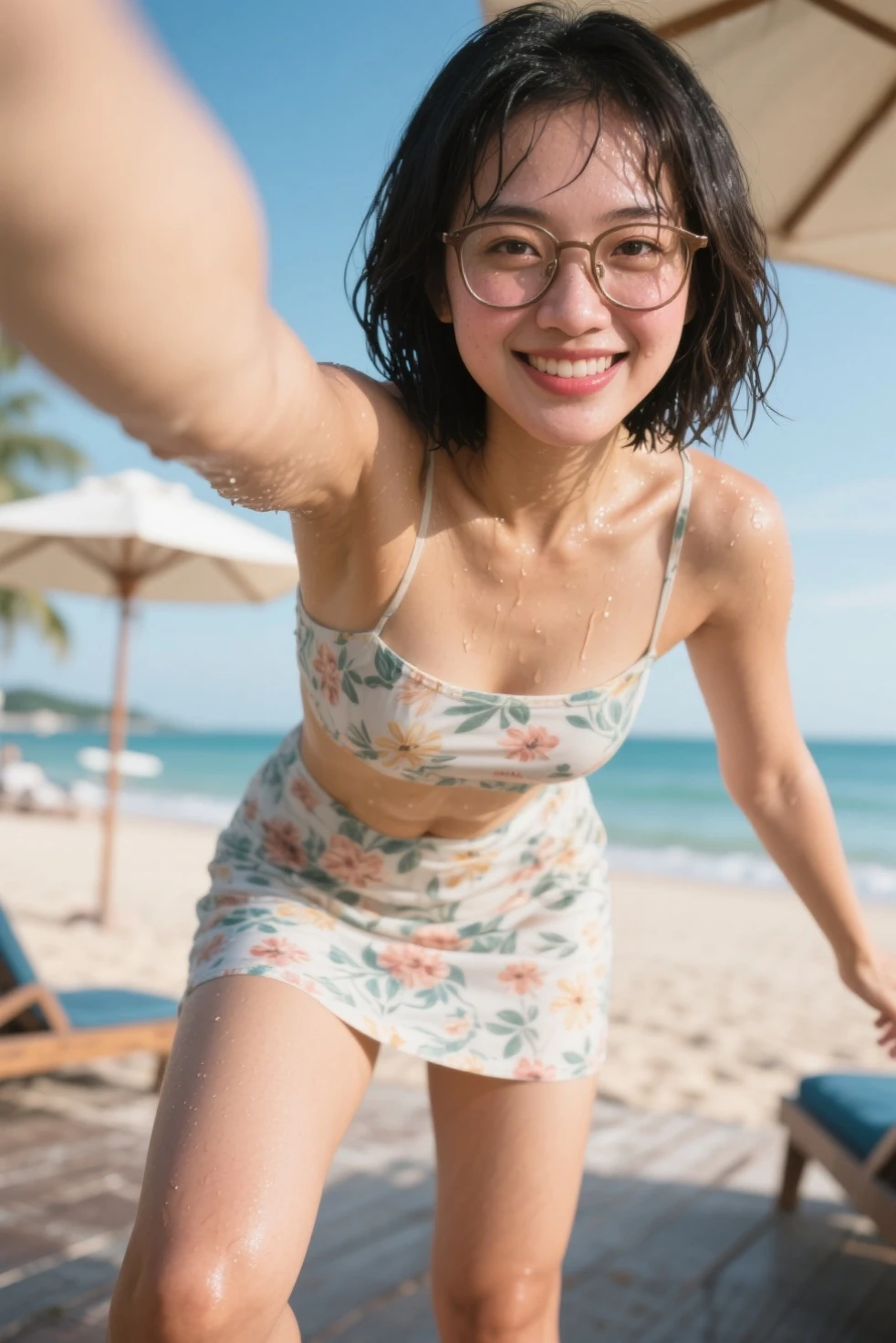 8K,Raw photography,cinematic lighting,top-quality,hightquality,Extreme Detail Photography, (Photography Lighting:1.3),Raw photo,Best Quality,masutepiece,ultrasonic high resolution, Realistic,(mideum shot:1.5),(above knee shot:1.3),(walking:1.3), 1girl,Japanese,The face is about 25 years old,Puffy eyes,Eyes in good shape,Brown-eyed,dark brown short hair,(disheveled extra fluffy pixie cut:1.2), good lips,Natural makeup, (sunburn tanlines:1.2),cleft chin, (slanted eyes), (windsor glassses:1.5), (crooked tooth:1.2), smiling widely, Eye for extreme detail,Super Detail Face,Hair in super detail,Super detail body,(Slender body:1.5), BREAK (pastel color sundress with Gingham check:1.2),(detailed fabrics:1.3),(cleavage:1.3),(no bra:1.3), BREAK (on the beach:1.5),(near the waves),(sunshine:1.5),daylight,(selfie:1.7),