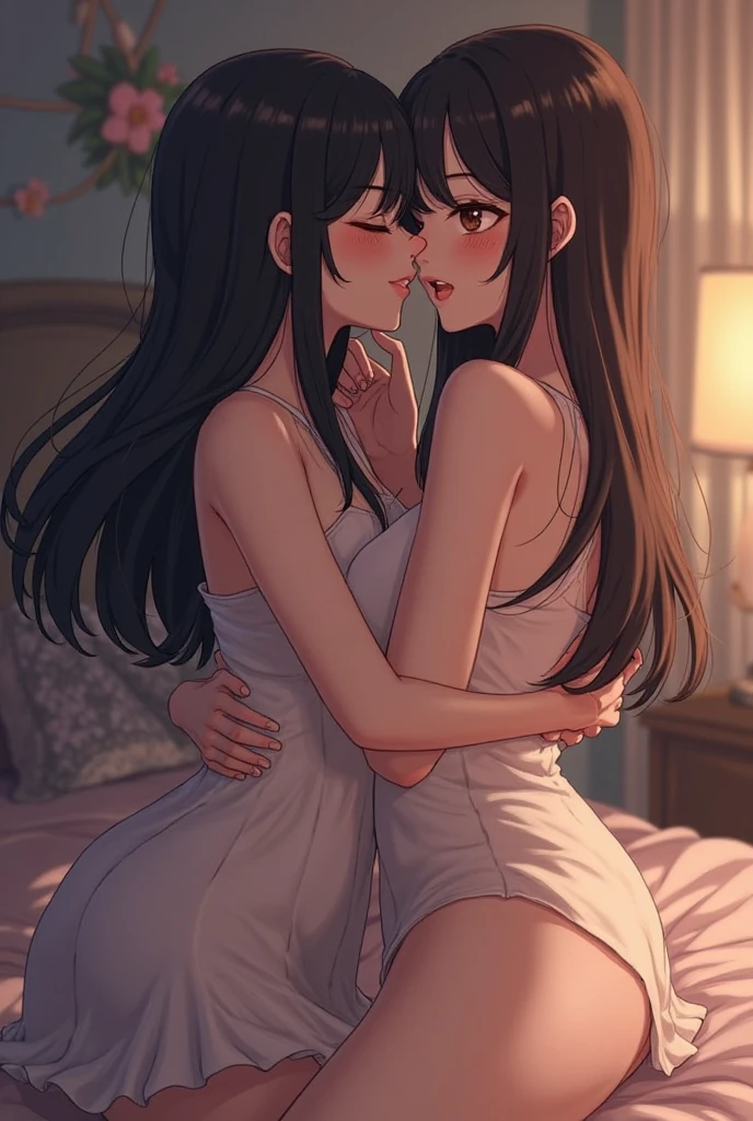How to sit a girl,Written boundary depth, Delicate eyes, Distinctive nose line,Fine skin、Smooth、Perfect beauty、Small breasts、thin,((Natural style)),Brown Hair、Truly beautiful、Beautiful profile,Perfect Style,Ahegao,((Boyish clothes)),Shortcuts,Western-style room,On the bed,The lighting is dim,My face turned red,((Kiss between girls)),((Embrace and kiss deeply))、((Kiss the Eyes)),((Half naked))、((Girly clothes)),