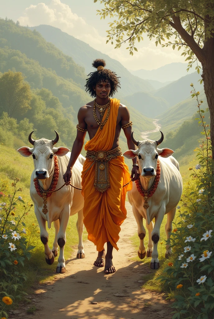 Lord Krishna stand with some cows and her friend 