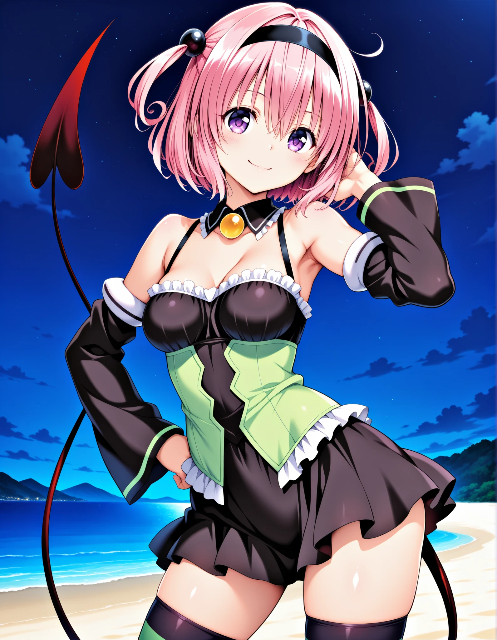 aamomo, short hair, pink hair, two side up, black hairband, purple eyes, medium breasts, demon tail, detached collar, bare shoulders, frills, black dress, green shirt, detached sleeves, striped thighhighs, anime screencap, shiny skin, high quality, solo, three-quarter cowboy shot, (contrapposto), hand behind head, hand on hip, closed mouth, night sky, beach, looking at viewer, smile, best quality