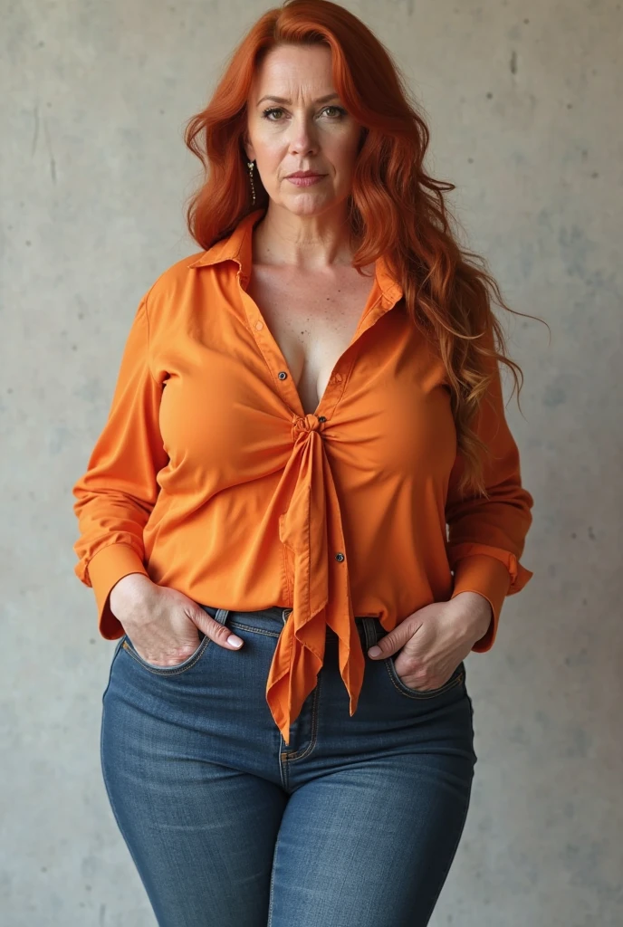 Chubby woman with red hair and oversized yellow glasses.