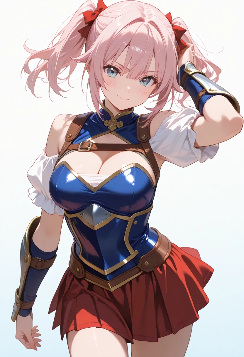 masterpiece, Best quality, watercolor (medium), 1girl, breast, Solitary, Single ponytail, Cleavage, Black picks dye pink hair, Delicate gray eyes, Bangs, jewelry, skirt, Bare shoulders, sleeveless, Hair between the eyes, 单Scapula, looking at the audience, Fighting Stance, large breast, armor, shoulder armor, sleeveless skirt, Upper Body, Single sleeve, white skirt, Scapula, Naughty smile, , Tiger Teeth