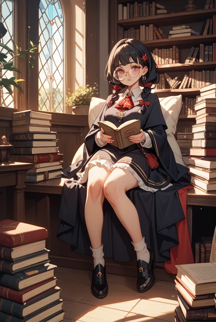 (masterpiece:1.5), illustration, 4k, 8k, (high quality:1.1), highly detailed, detailed face, HDR, vivid colors, natural lighting, pretty eyes, beautiful face, full body, 1girl, <lora:tohsakaRinFate_v10:0.7>, tohsaka rin, solo, long hair, thighhighs, skirt, blue eyes, black thighhighs, red shirt, two side, black hair, sitting, library, reading a book, knees to chest, looking at book