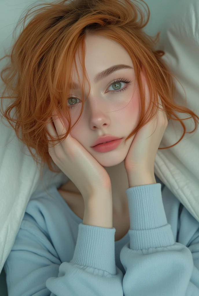 lying woman, free hair, pain face, Moaning in pain, open mouth, Details, (parts), facial expression, Red hair, (ultra high definition), ((tight neckline))), light blue clothes, hands on head, Lying on the bed, (close up), ((sweat)), ((blush)), green eyes, exposed neck