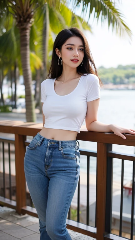 Girl in white and tight jeans posing for photo,Put your arms behind your back,Full Body Love,With a short T-shirt、bra,slim,Smaller bust,slim的女孩模特,24-year-old female model,Long hair,Single ponytail