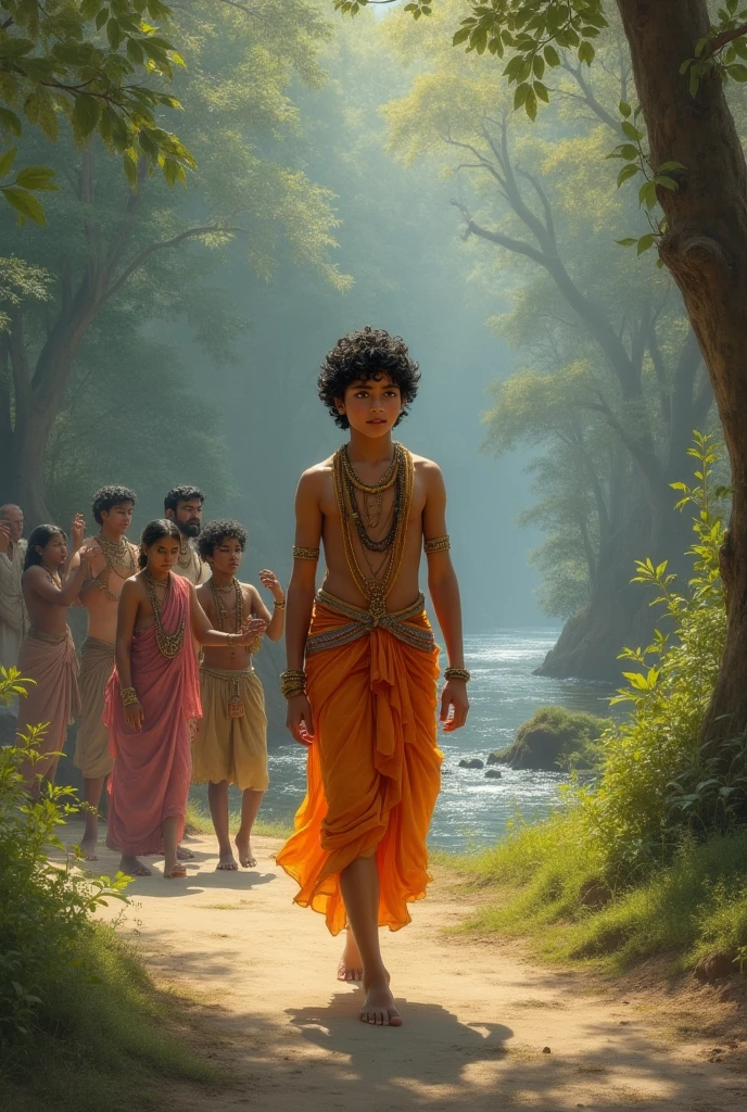 Prompt: A small Indian village scene with simple mud houses and villagers standing in groups, looking worried and discussing something. In the center, a young, brave boy named Ram, around , is standing with a determined expression on his face. He is dressed in a traditional Indian outfit, holding a wooden sword. The villagers, including his parents, look anxious as they try to stop him from going into the jungle.