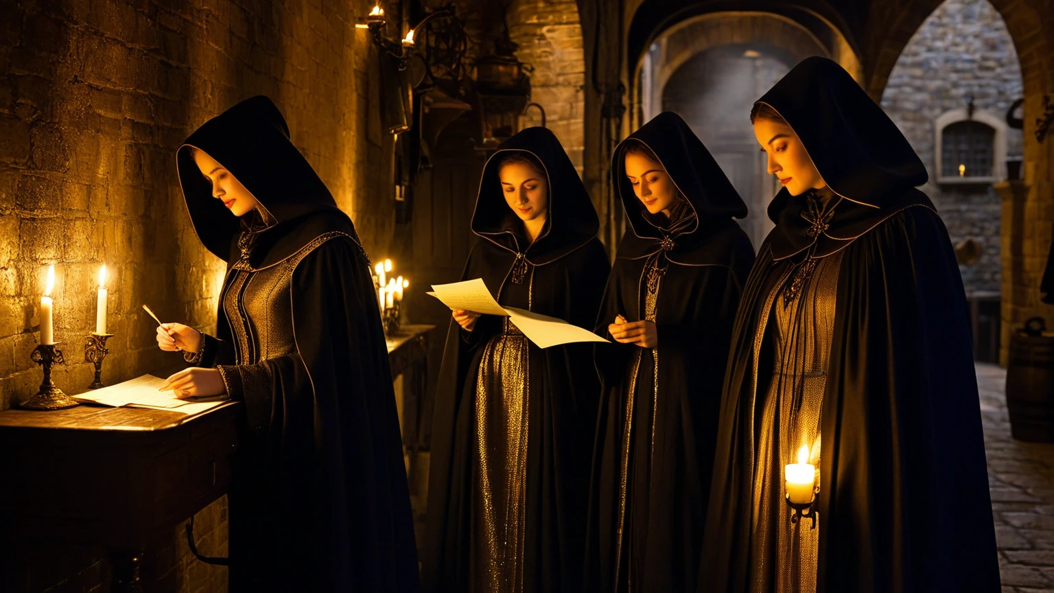 "Create an artistic representation of the Parable of the Ten Virgins from Matthew 25:1-13. The scene should feature ten young women, half of them wise and half foolish, holding oil lamps as they await the arrival of the bridegroom. The wise virgins should be depicted as prepared and alert, with their lamps lit and a sense of anticipation on their faces. In contrast, the foolish virgins should appear unprepared, with their lamps either flickering or completely out, and an expression of worry or regret. The setting should convey an atmosphere of night, with stars in the sky and a sense of quiet anticipation. Capture the moment just before the bridegroom arrives, highlighting the contrast between the wise and foolish virgins, and emphasizing the importance of preparedness and vigilance."
