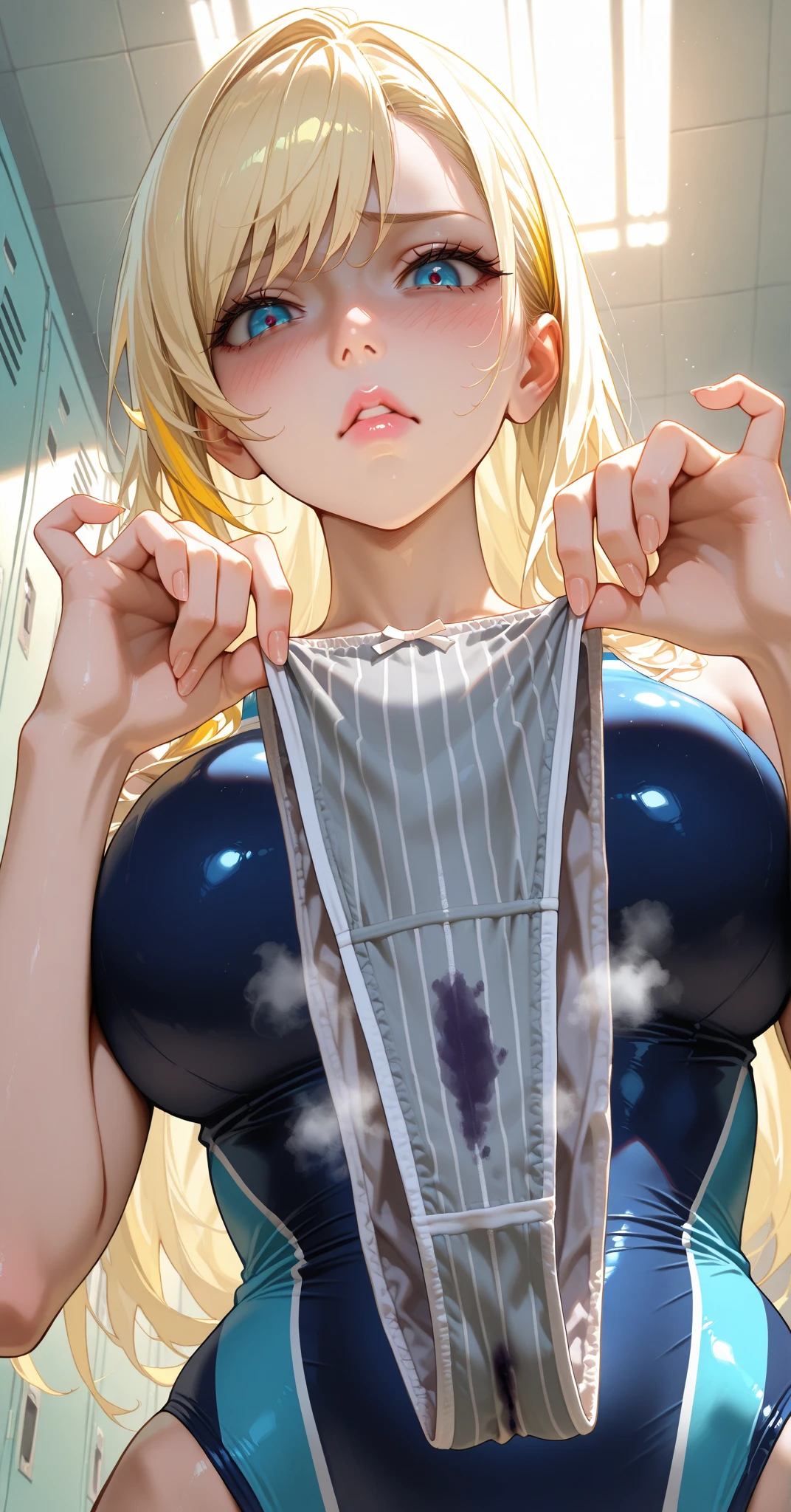 1 girl, detailed blue eyes, lange wimpern, detailed beautiful face, (Long blonde hair:1.4), improvisierter Knebel, (Klebebandknebel:1.6), GEKNEBELT, Klebeband, festgebunden, (arms behind back:1.6), gefesselte Arme, blushing, Tape gag, (Big boobs:1.1), (wet skin:1.3), black Mini skirt, White crop top, (sitting on a chair:1.5), nah Aufnahmen, legs spread, looking at the Viewer afraid, Front View at the girl