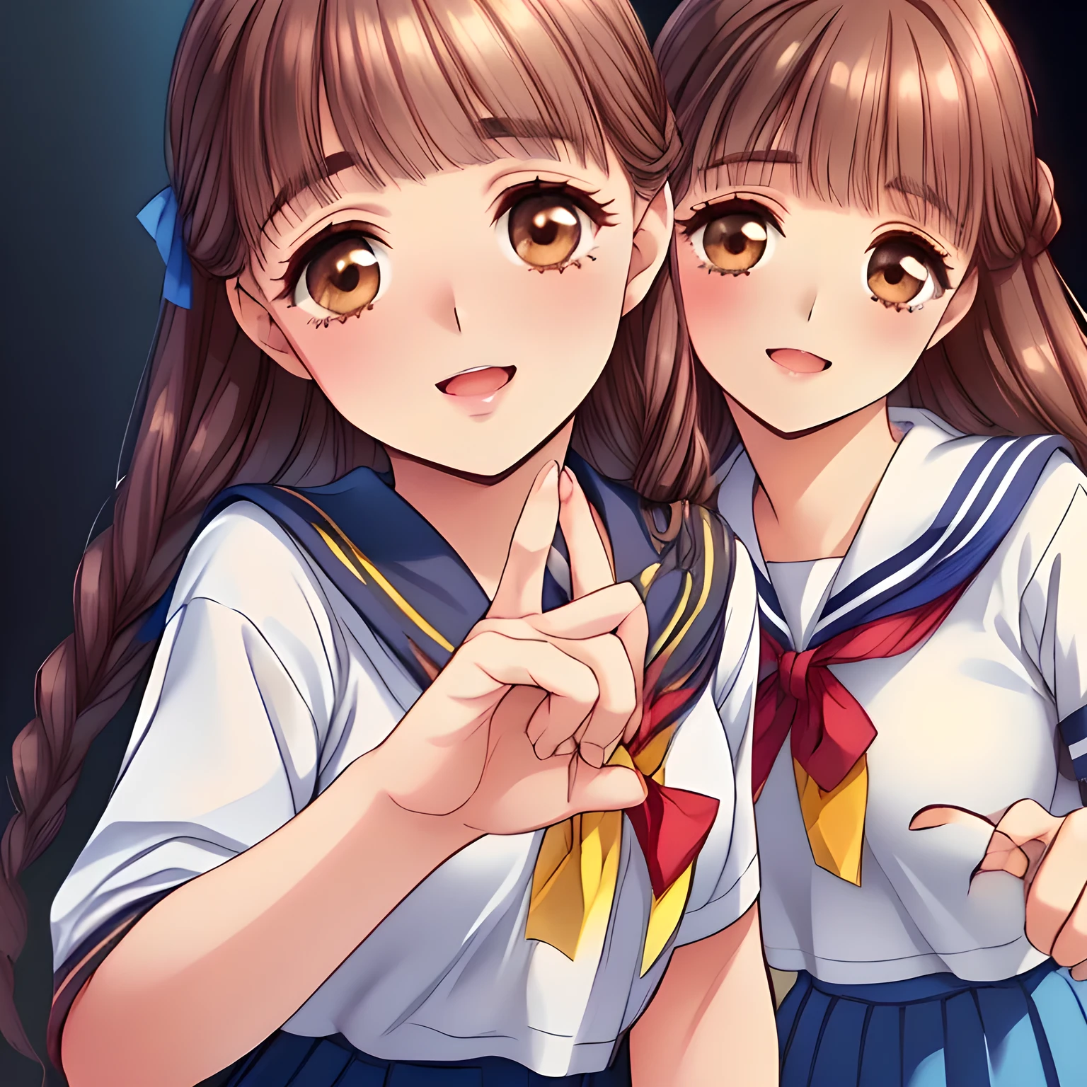 (highest quality, masterpiece:1.2), highest quality, High resolution, 1080p, 8K, ((too beautiful) (too pretty) (noble decorous well-behaved) (earthly-love angel in shape of tender human princess) of (((most beloved))) (love-story comic heroine) ((melts my mind completely)), calling me to come to their world with their neat beauty with sweetest voice all together, (intelligent and perfectly balanced slender style), neat & clean, lovely strong charm, cutely tilted head, happiest sweet smile of most beloved lady, noble beautiful hand and fingers like a model: 1.5), (((white grown face, face up)), Using expensive whitening cosmetics by cosmetics artist: 1.2), (Too beautiful blue fascinating shiny (double-lidded) (brown eyes), ((deep upper girly eyelid)), ((attracting eyes)), laughing with detailed clearly: 1.5), (dark blue exemplary neat proper sailor-style school uniform: 2.0), (A very neat, ((realistic), (dark-blue) pleated blue school skirt): 1.9), (too pretty shiny big (red realistic school ribbon tie)): 1.5), (Shiny love-story heroine lips, open mouth: 1.0), ((amazingly beautiful black braids hair: 1.5)), (slender, small face, (((face up))): 1.5), (The lady knows well about the viewer's super fetishism for school uniforms, and satisfies it completely: 1.7), ((Perfect intentional neatness and her noble beloved atmosphere) improves their beauty: 2.0), (Take a shot from their side or behind emphasizing the beautiful ((neatness of uniform and (everyone's middle-height skirt))) like promotion, nothing but darkness background: 1.5)