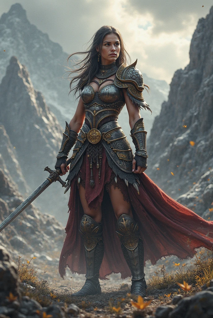 giant woman with battle sword in hand in a ancient street, low angle,Panty shot、Woman warrior、Leg spread