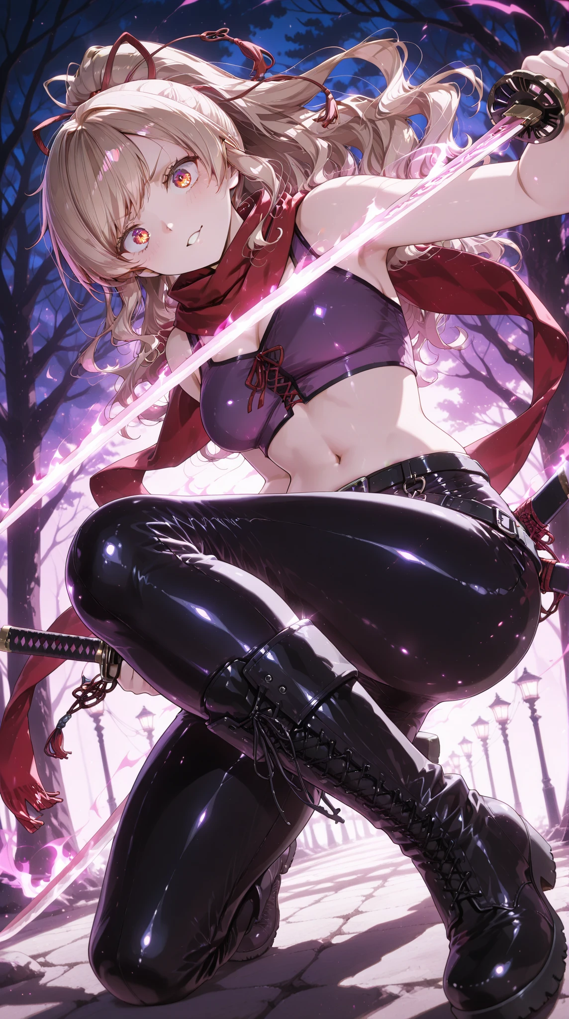 Blonde twin-tailed Japanese girl、Female Combatant、Close-up of a girl wearing a red tank top、Purple Skirt、White panties、Black fishnet stockings、Black shiny boots、Saiyan Girl, wonderful, Nano Girl, Female body type, Inspired by Hiromu Arakawa, Anime Manga Robot!! Anime Girls, Fubuki, Full Body Suit, by Hiromu Arakawa、wonderful, silk, Beautiful and attractive anime teen, Anime Girls of the future, tears,Drooling,Pee,Sweat,Tongue out,incontinence,Peeing、Estrus、Eyes wide open,Estrus,Blushing,Nipples are erect,Face is hot、Lust、incontinence、Armpit Hair、pubic hair、Nipples are erect、One sword and two cuts、Doomsday Demon、Anguished expression、Red lips、Red tongue、Sticking out tongue、Her skirt is flipped up、Panty shot、White pantiesが見えている！、Covered in sweat、wet