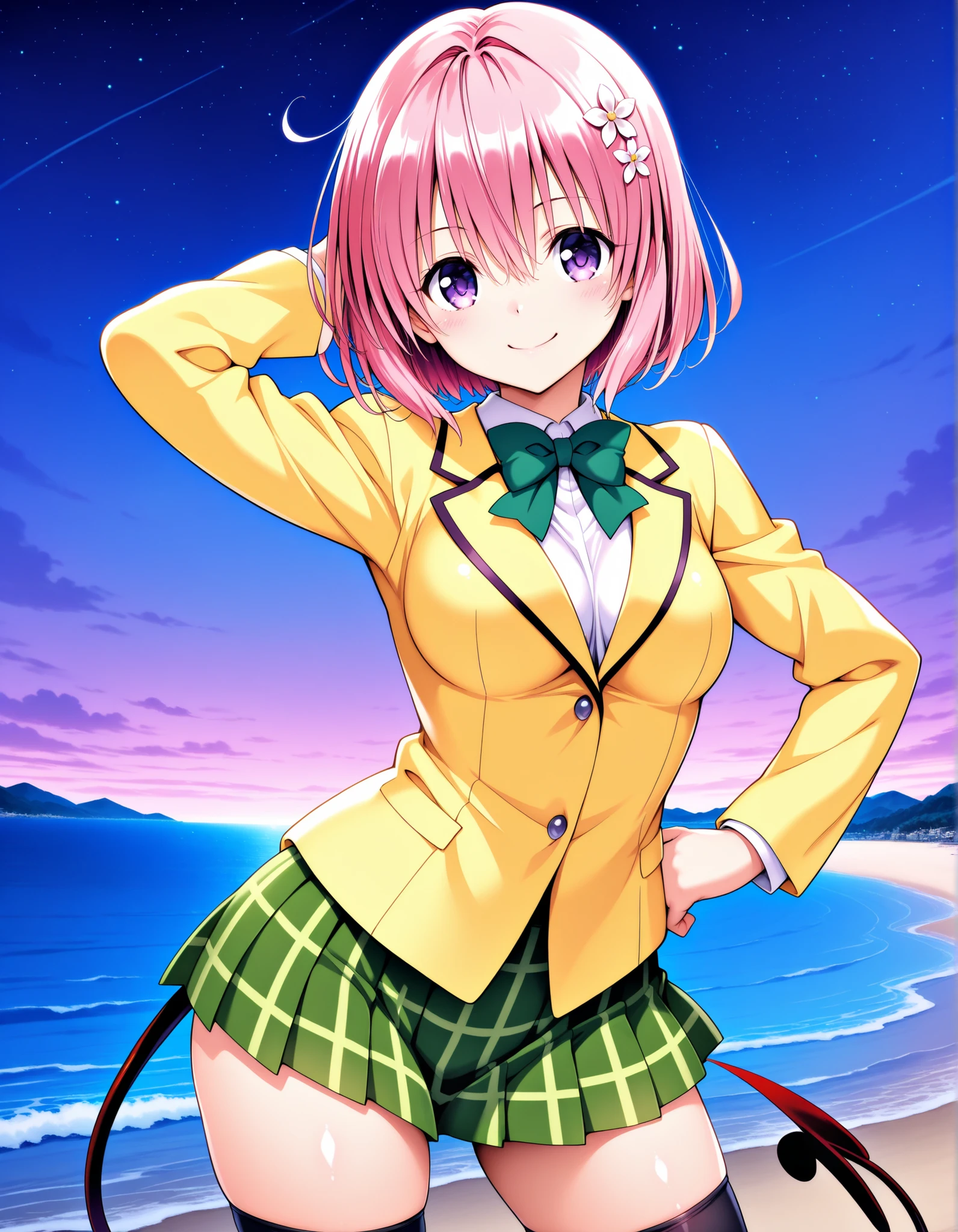 aamomo, short hair, pink hair, hair flower, purple eyes, medium breasts, demon tail, school uniform, green bowtie, white shirt, blazer, yellow jacket, long sleeves, plaid skirt, green skirt, black thighhighs, anime screencap, shiny skin, high quality, solo, three-quarter cowboy shot, (contrapposto), hand behind head, hand on hip, closed mouth, night sky, beach, looking at viewer, smile, best quality